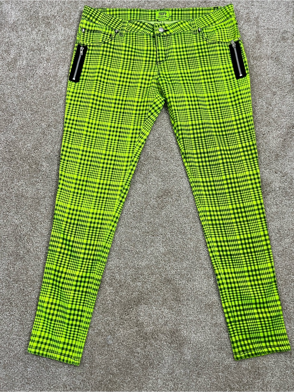 Tripp NYC Neon Lime Plaid Zipper Skinny Jeans .  Size 15